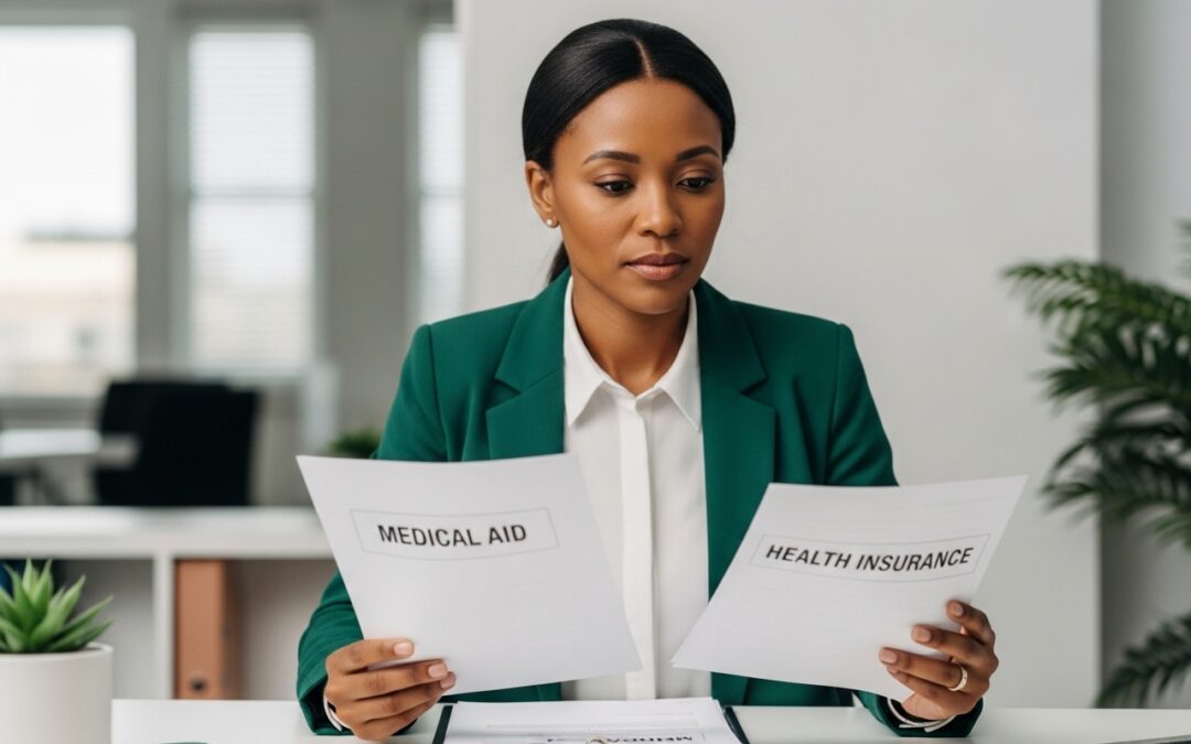 Business owner comparing medical aid and health insurance options for employees in a modern office