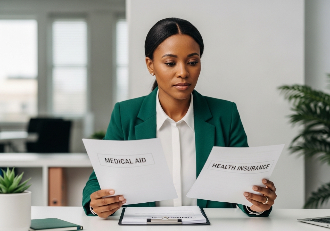 Business owner comparing medical aid and health insurance options for employees in a modern office