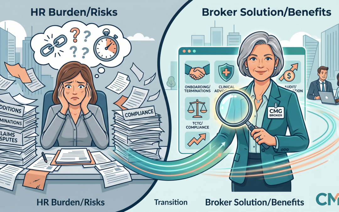 A stressed HR manager surrounded by healthcare paperwork, contrasted with an organized corporate medical aid broker handling employee benefits.