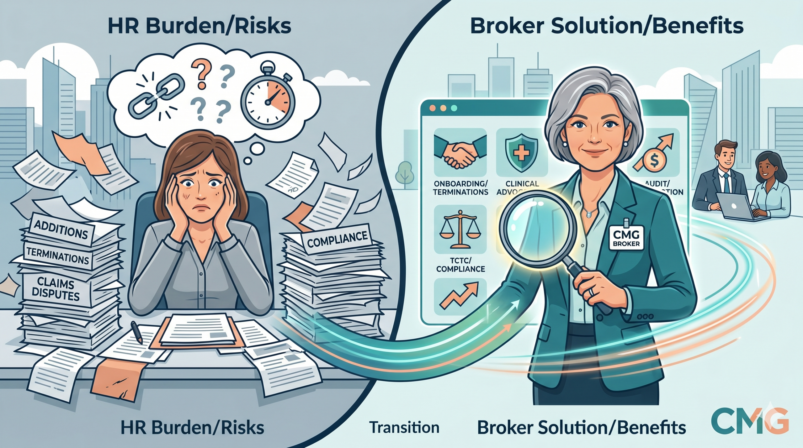 risks-of-company-medical-aid-no-broker A stressed HR manager surrounded by healthcare paperwork, contrasted with an organized corporate medical aid broker handling employee benefits.